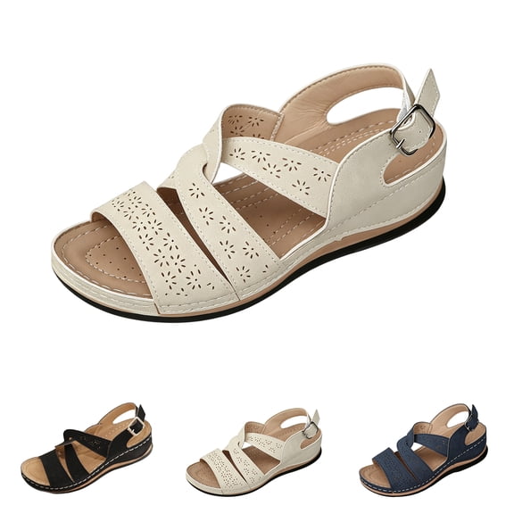 Womens Comfort Flat Sandals with Low Wedge Heel,Adjustable Buckle Strap,Dressy Summer Sandals,Comfortable Open Toe Slip On Shoes with Arch Support,Lightweight Walking Sandals for Travel & Casual Wear