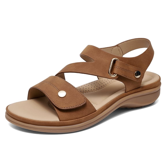 Littleplum Women's Arch Support Wide Sandals Adjustable Straps Lightweight Walking Summer Shoes for Women,Brown,Size 5.5