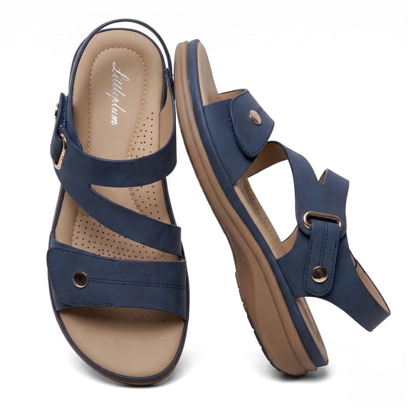 Littleplum Flat Sandals for Women with Arch Support Non Slip Ornamental Button Adjustable Straps Casual Walking Beach Summer Shoes, Deep Blue, 8.5