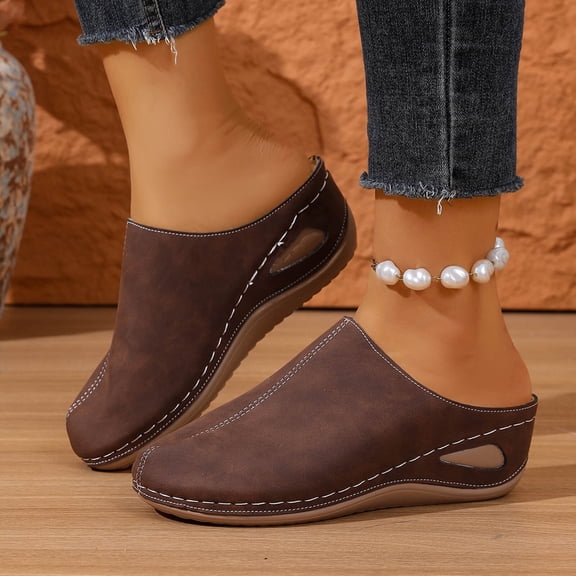 Womens Comfort Slide Sandals - Plush Fuzzy Mules with Cushioned Sole for Wide Feet, Casual Brown Indoor Outdoor Slip On Shoes for Women,Size 37