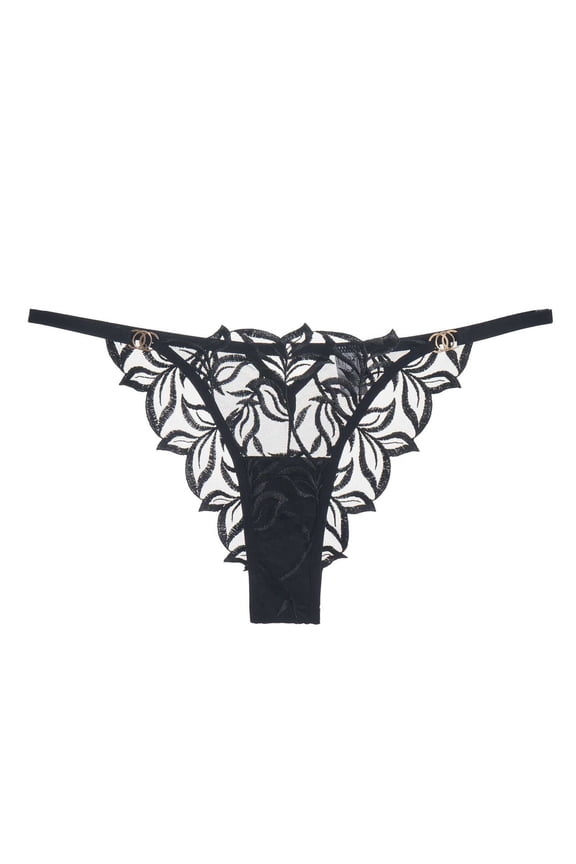 Womens Comfort Thong Underwear Soft Nylon with Lace & Gold Rings, All Day Wear Black Thong Panty for Women, Sizes S- L,Size L