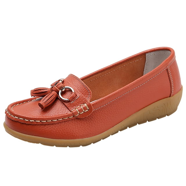 Womens Comfort Walking Flat Loafer Slip On Leather Loafer Comfortable Flat Shoes Outdoor Driving Shoes PU Orange Flats Shoes for Women