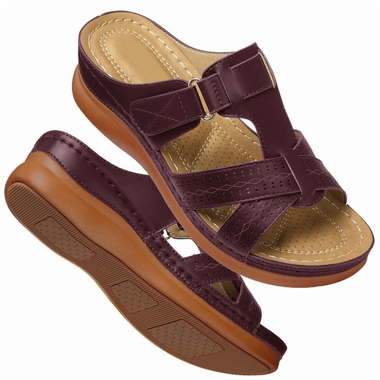 Shoes Burgundy Crossover Strap Slide Sandals Low Wedge Maroon Size 44 Sydney Quarter Strap Espadrille Wedge - Red – aetrex main image 2