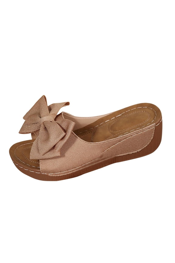 Womens Comfortable Bow Platform Wedge Sandals - Casual Dressy Slip On Summer Slides with Non-Slip Vegan Faux Leather, Open Toe Khaki,Size 6.5