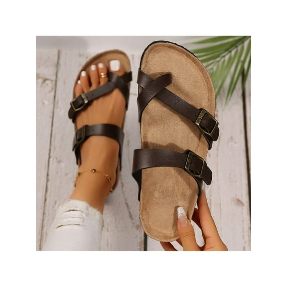 Womens Comfortable Summer Beach Sandal with Cork-Footbed and Adjustable Buckle