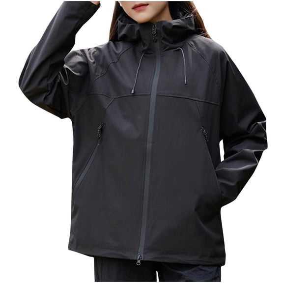 Womens Comfortable Waterproof Rain Jacket Solid Color Zipper Pocket Hooded Long Sleeved Windproof Hooded Casual Submachine Fall And Winter Black Windbreaker 3XL Up to 65% Off!