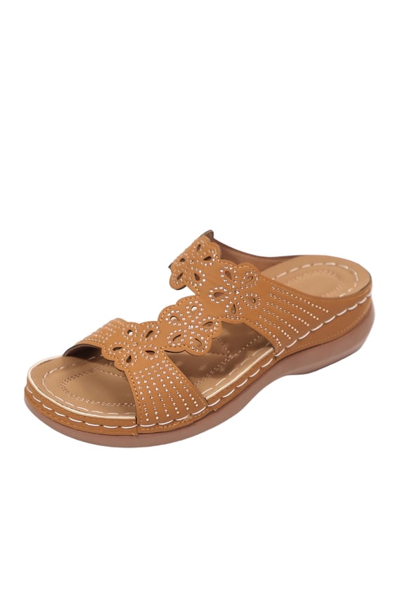 Womens Comfortable Wedge Sandals | Brown Floral Cutout Mules, Casual Summer Slip-Ons for Women in Faux Faux Leather,Size 9.5