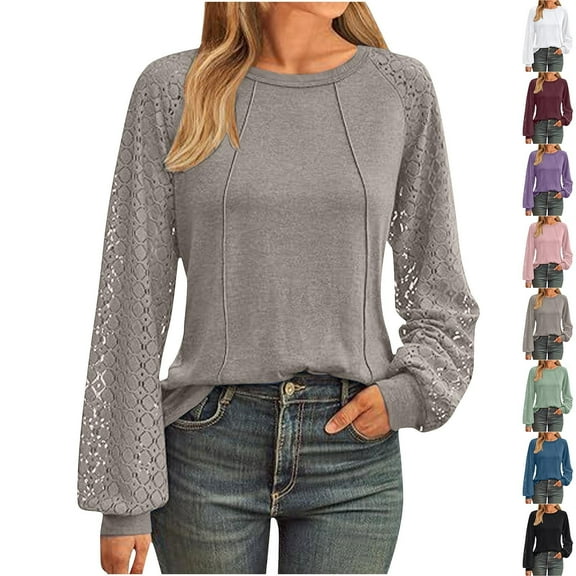 Womens Comfortable Workout Tops Lace Sleeve Cover Line Solid Color Casual Crew-neck Khaki Business Dressy Work Blouses S-2XL