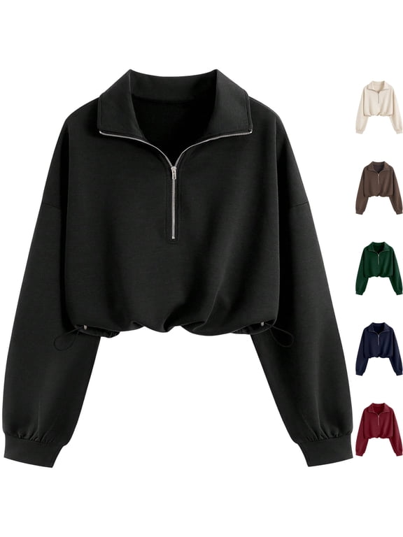 Womens Comfy Knit Quarter Zip Long Sleeve Crop Top Sweatshirt Drop Shoulder Pullover Drawstring Cinched Waist for Workout Daily Wear, Black, XXL