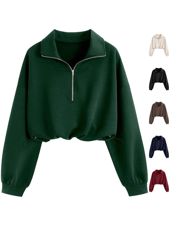 Womens Comfy Knit Quarter Zip Long Sleeve Crop Top Sweatshirt Drop Shoulder Pullover Drawstring Cinched Waist for Workout Daily Wear, Green, S