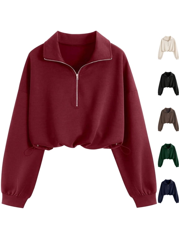 Womens Comfy Knit Quarter Zip Long Sleeve Crop Top Sweatshirt Drop Shoulder Pullover Drawstring Cinched Waist for Workout Daily Wear, Wine, L