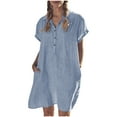 thumbnail image 1 of Womens Comfy Linen Beach Dress Cover Ups Short Sleeve Lapel Button Up Shirt Loose Pockets Mini Dress Coverups (L, Blue), 1 of 5