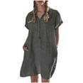 thumbnail image 1 of Womens Comfy Linen Beach Dress Cover Ups Short Sleeve Lapel Button Up Shirt Loose Pockets Mini Dress Coverups (Small, Gray), 1 of 5