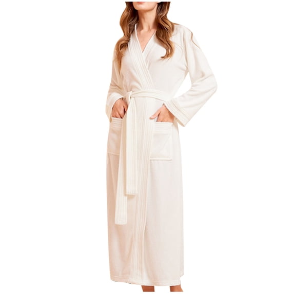 Womens Comfy Pajama Dress Robes for Women Long Terrycloth Knit Bathrobe Lightweight Kimonos Robe Soft Spa Long Sleeve Full-Length Robes with Pockets S-32 White 3XL
