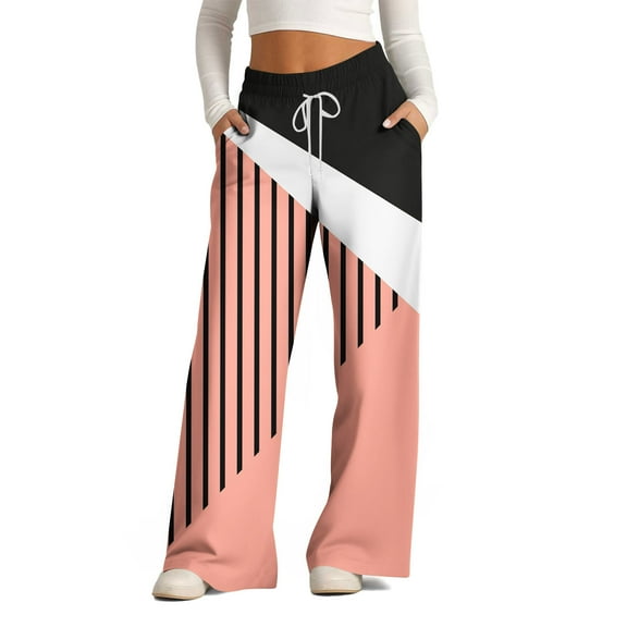Womens Comfy Pajama Pants Plus Size Casual Loose Color Block Solid Drawstring Jogger Wide Leg Sports Pants with Pockets,Pink 3,3XL