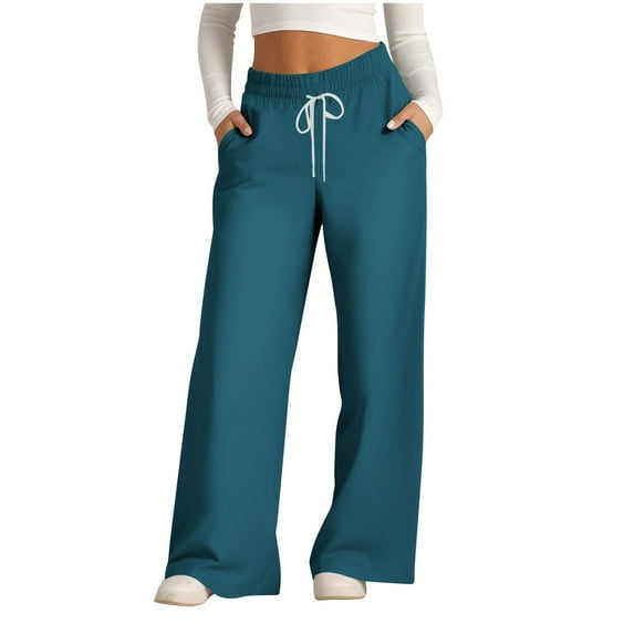 Womens Comfy Pajama Pants Plus Size Casual Loose Solid Color Drawstring Jogger Wide Leg Workout Pants with Pockets,Blue 1,M