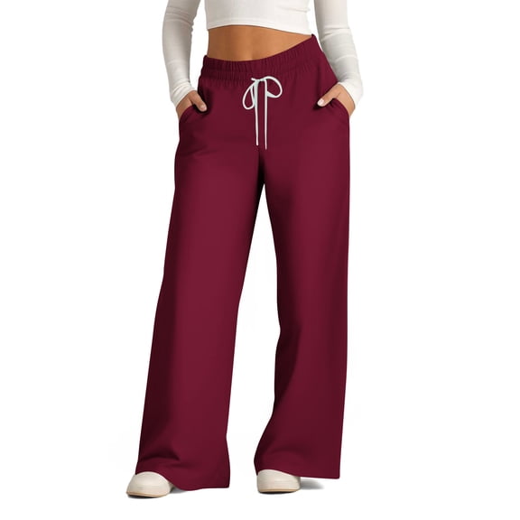 Womens Comfy Pajama Pants Plus Size Casual Loose Solid Color Drawstring Jogger Wide Leg Workout Pants with Pockets,Wine 1,2XL