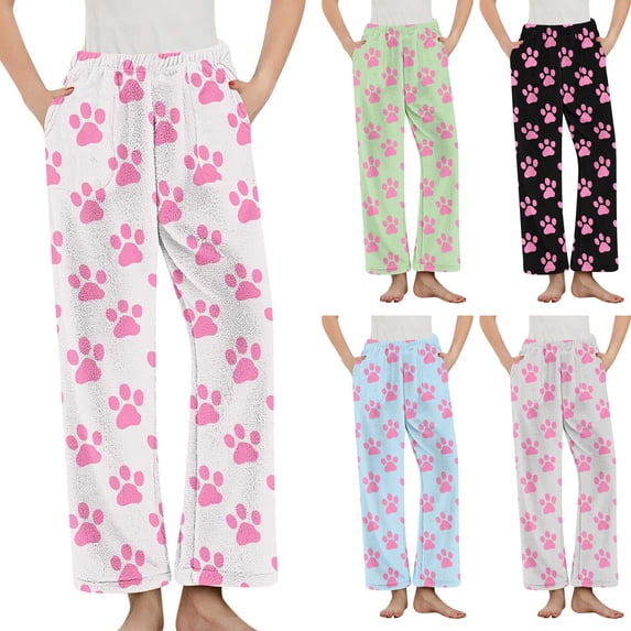 Womens Comfy Pajama Pants Women's Printing Warm Pajama Sleep Pants Fleece Sleepwear With Pockets Black S