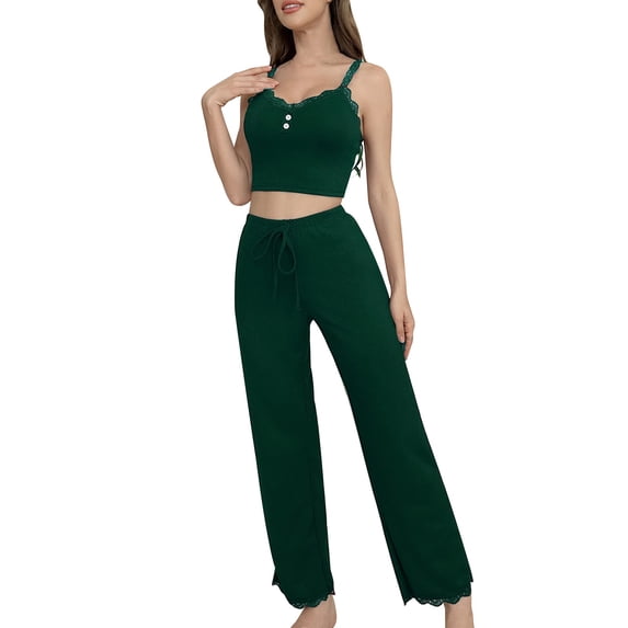 Womens Comfy Pajama Sets Womens Loungewear Set Ribbed Knit Pajamas Set Lace Cami Tops with Pants Sleepwear Pajama Set Nightwear 2pc Pajama Set Green XL