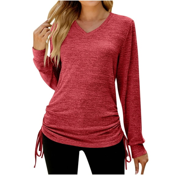 Womens Comfy Tops Long Sleeve V Neck Side Drawstring Hem Lounge Blouse for Women Solid Color Tunic Top Tshirts (Large, Red)