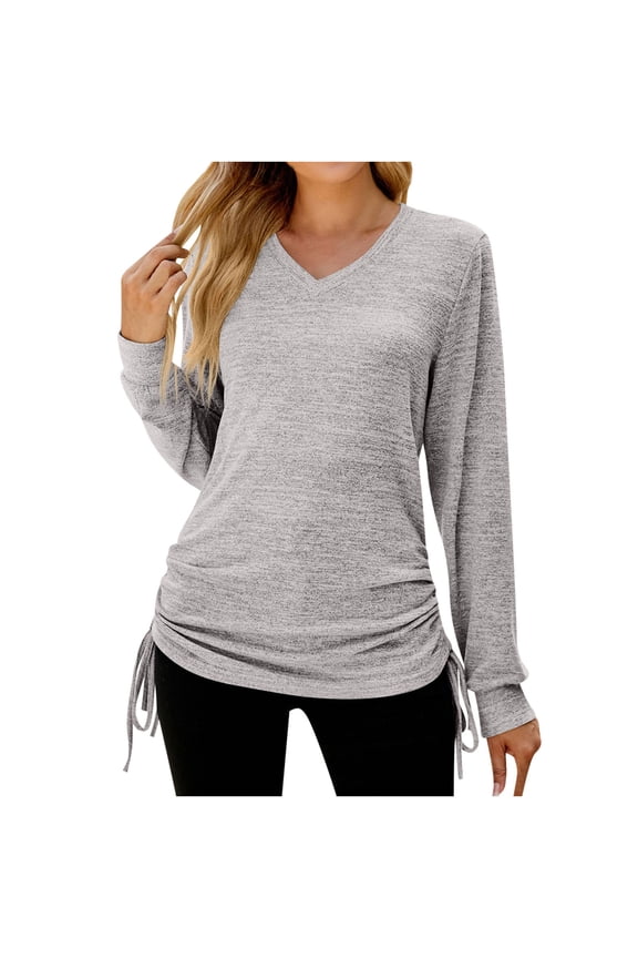 Womens Comfy Tops Long Sleeve V Neck Side Drawstring Hem Lounge Blouse for Women Solid Color Tunic Top Tshirts (Small, Gray)