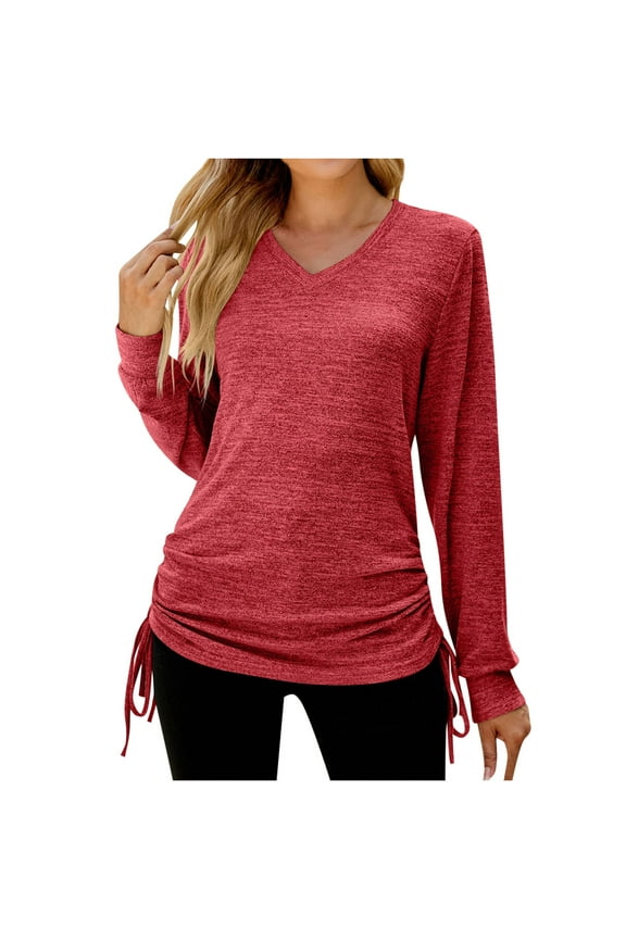 Womens Comfy Tops Long Sleeve V Neck Side Drawstring Hem Lounge Blouse for Women Solid Color Tunic Top Tshirts (Small, Red)