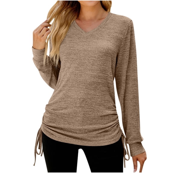Womens Comfy Tops Long Sleeve V Neck Side Drawstring Hem Lounge Blouse for Women Solid Color Tunic Top Tshirts (X-Large, Coffee)