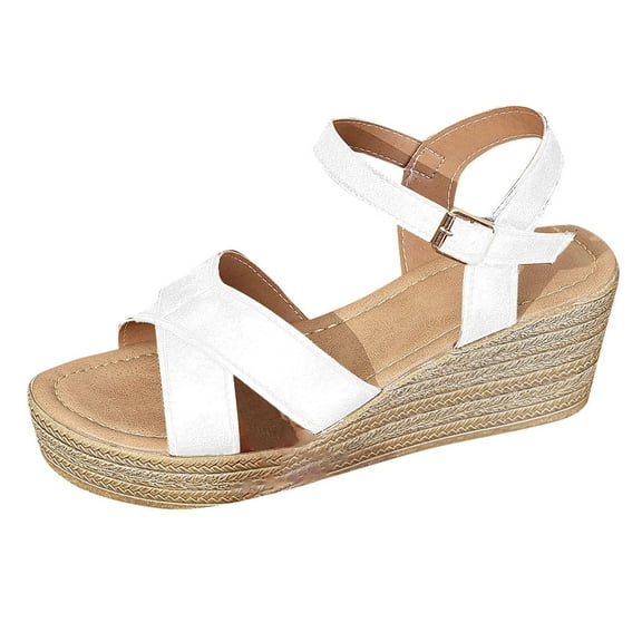 Womens Comfy Wedge Sandals Wide Width Wedge Sandals for Women Open Toe Buckle Ankle Strap Espadrilles Shoes White 37