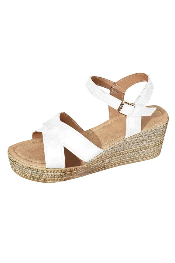 Womens Comfy Wedge Sandals Wide Width Wedge Sandals for Women Open Toe Buckle Ankle Strap Espadrilles Shoes White 37