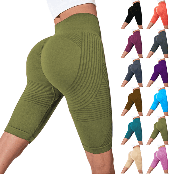 Womens Compression Shorts High Rise Butt Lift Tummy Control 3D Anti Cellulite Workout Leggings Outdoor Yoga Running Trendy Knee Length Army Green M