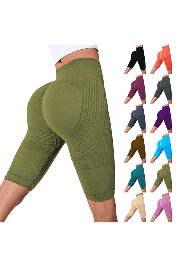 Womens Compression Shorts High Rise Butt Lift Tummy Control 3D Anti Cellulite Workout Leggings Outdoor Yoga Running Trendy Knee Length Army Green S
