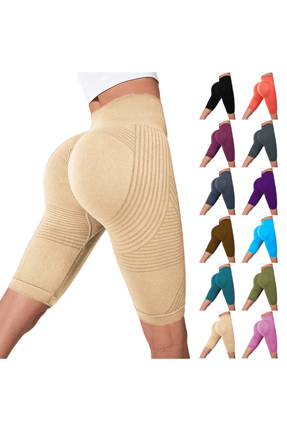 Womens Compression Shorts High Rise Butt Lift Tummy Control 3D Anti Cellulite Workout Leggings Outdoor Yoga Running Trendy Knee Length Beige S