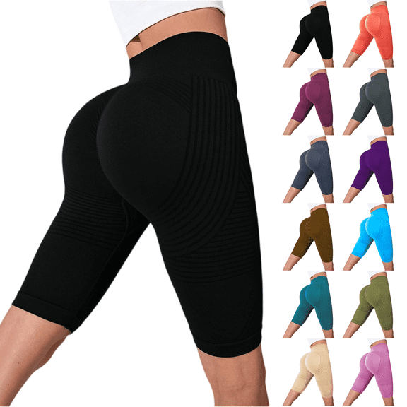 Womens Compression Shorts High Rise Butt Lift Tummy Control 3D Anti Cellulite Workout Leggings Outdoor Yoga Running Trendy Knee Length Black L