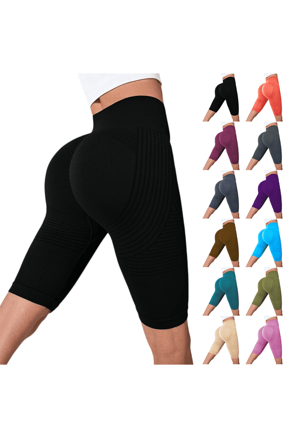 Womens Compression Shorts High Rise Butt Lift Tummy Control 3D Anti Cellulite Workout Leggings Outdoor Yoga Running Trendy Knee Length Black L