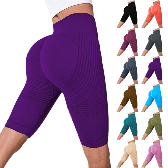 Womens Compression Shorts High Rise Butt Lift Tummy Control 3D Anti Cellulite Workout Leggings Outdoor Yoga Running Trendy Knee Length Purple 2XL