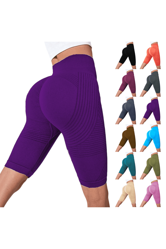 Womens Compression Shorts High Rise Butt Lift Tummy Control 3D Anti Cellulite Workout Leggings Outdoor Yoga Running Trendy Knee Length Purple S