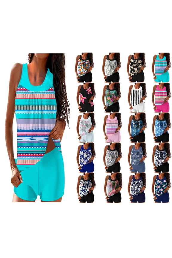 Modest Tankini Swimsuits Fashionable Printed Two-piece Shorts for Tummy Control Senior Front Women Slimming Bathing