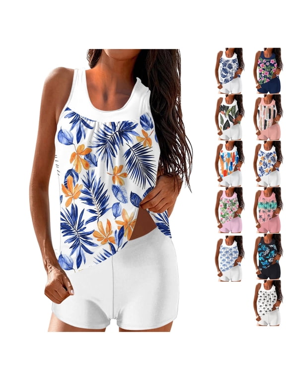 Womens Summer Fashionable Printed Plus Two-piece Tummy Control Split Swimsuit Suit Tankini Swimsuits Women Slimming Bathing