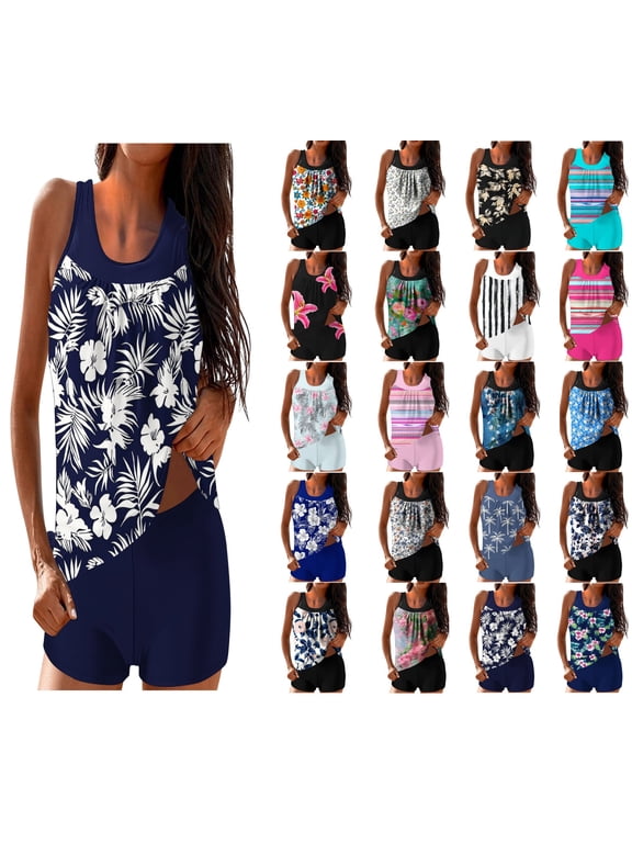 Modest Tankini Swimsuits Fashionable Printed Two-piece Shorts for Tummy Control Senior Front Women Slimming Bathing