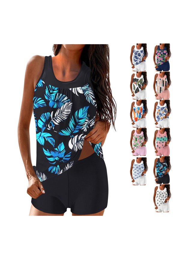 Womens Conservative Swimsuit Printed Plus Boyshort Twopiece Split Swimsuit Suit Tankini Swimsuits Women Slimming Bathing Loose Elasticity Senior Front