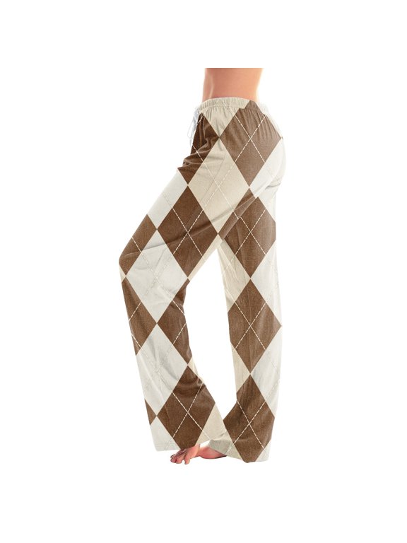 Womens Contrast Argyle Lounge Pants Drawstring Elastic Waist Loose Sleep Pajamas Loungewear Fall Winter Daily Home Wear,S,Brown