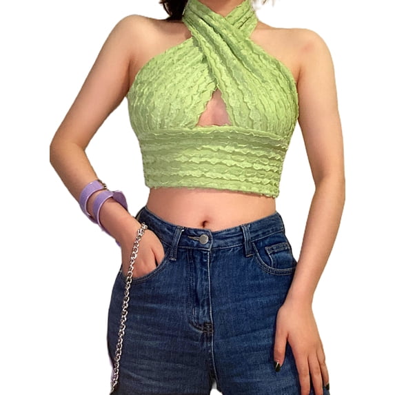 Womens Contrast Color/Solid Color Criss-cross V-neck Halter Tank Top