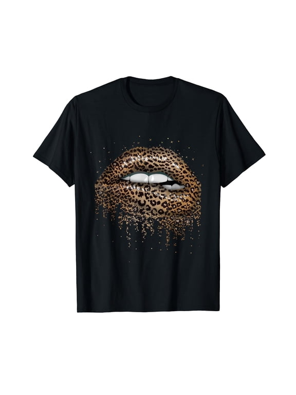 Womens Cool Lips Bite Kiss Me Leopard Print Cheetah T-Shirt