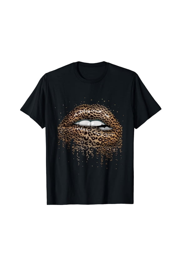 Womens Cool Lips Bite Kiss Me Leopard Print Cheetah T-Shirt