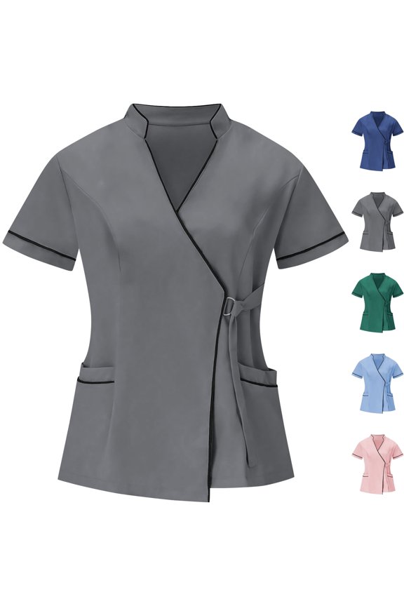Womens Cool Scrub Tops Short Sleeve V-Neck Mock Wrap Scrubs Mandarin Collar Color Block Summer Quick Dry Breathable 4 Way Stretch Adjustable Side Buckle Shirts for Esthetician