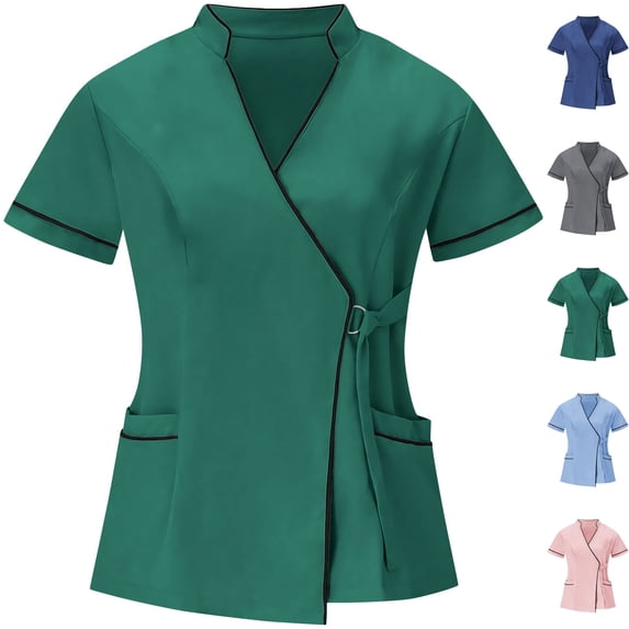 Womens Cool Scrub Tops Short Sleeve V-Neck Mock Wrap Scrubs Mandarin Collar Color Block Summer Quick Dry Breathable 4 Way Stretch Adjustable Side Buckle Shirts for Esthetician