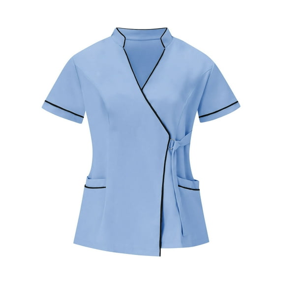 Womens Cool Scrub Tops Short Sleeve V-Neck Mock Wrap Scrubs Mandarin Collar Color Block Summer Quick Dry Breathable 4 Way Stretch Adjustable Side Buckle Shirts for Esthetician