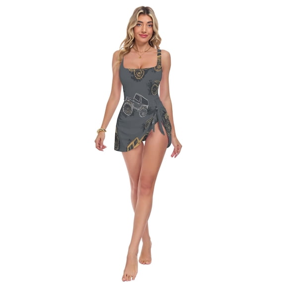 Womens Cool Truck Pattern Print 2-in-1 Swim Dress Detachable Skirt One-Piece Swimsuit Square Neck S-XXL