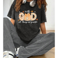 thumbnail image 1 of Womens Coquette Fall Casual Acid Washed Tops With GOD All Things Are Possible Print T-shirts Preppy Floral Lace Pumpkin Graphic Tees Black,2XL, 1 of 5