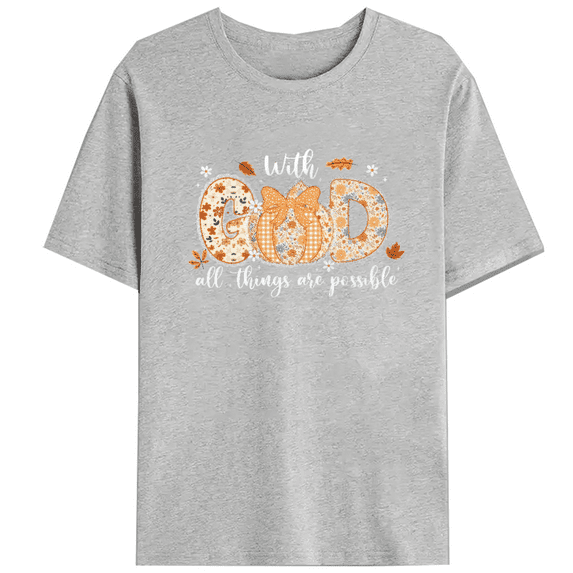 Womens Coquette Fall Casual Tops With GOD All Things Are Possible Print T-shirts Preppy Floral Lace Pumpkin Graphic Tees for Daily Outfits Gray,2XL